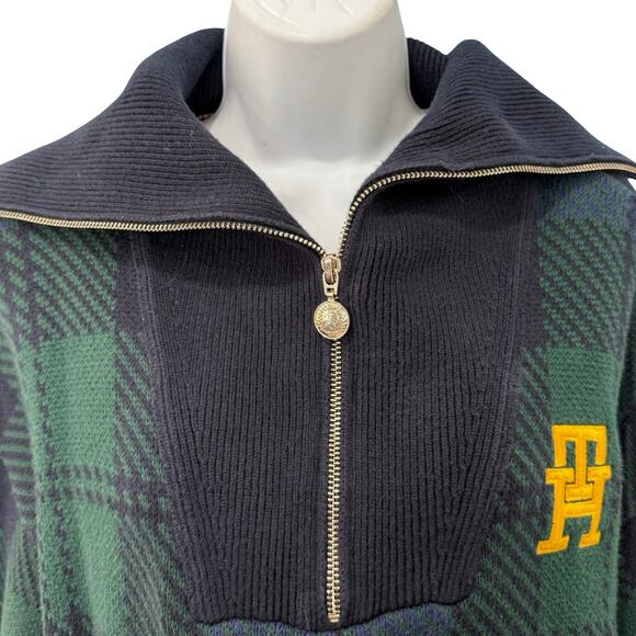 Tommy Hilfiger Blue Green Plaid Tartan Yellow Logo Quarter Zip Sweater size L - Picture 12 of 13